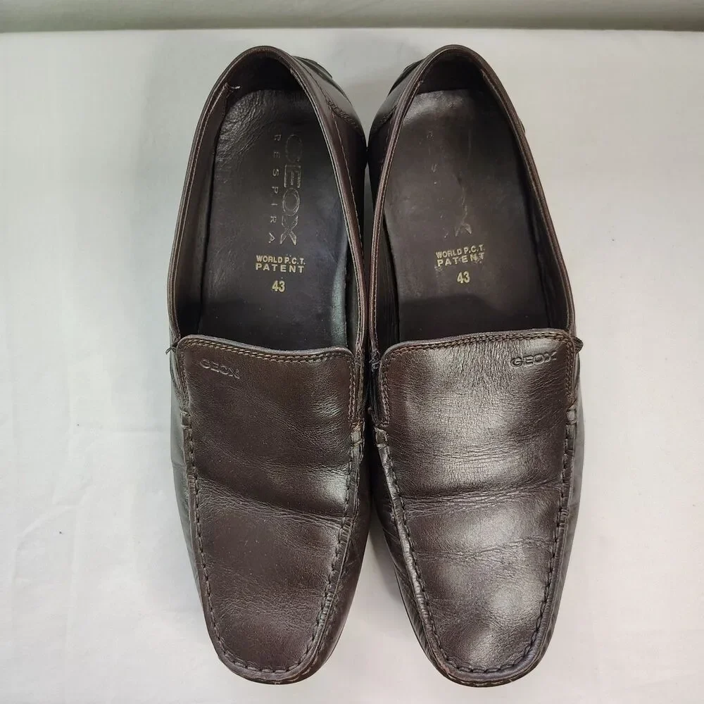 GEOX Men’s Brown Leather Slip On Loafers Breathes Size EU 43 Comfort Shoes